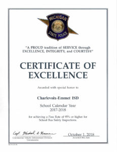 The certificate to Char-Em ISD Transportation Department from the Michigan State Police.